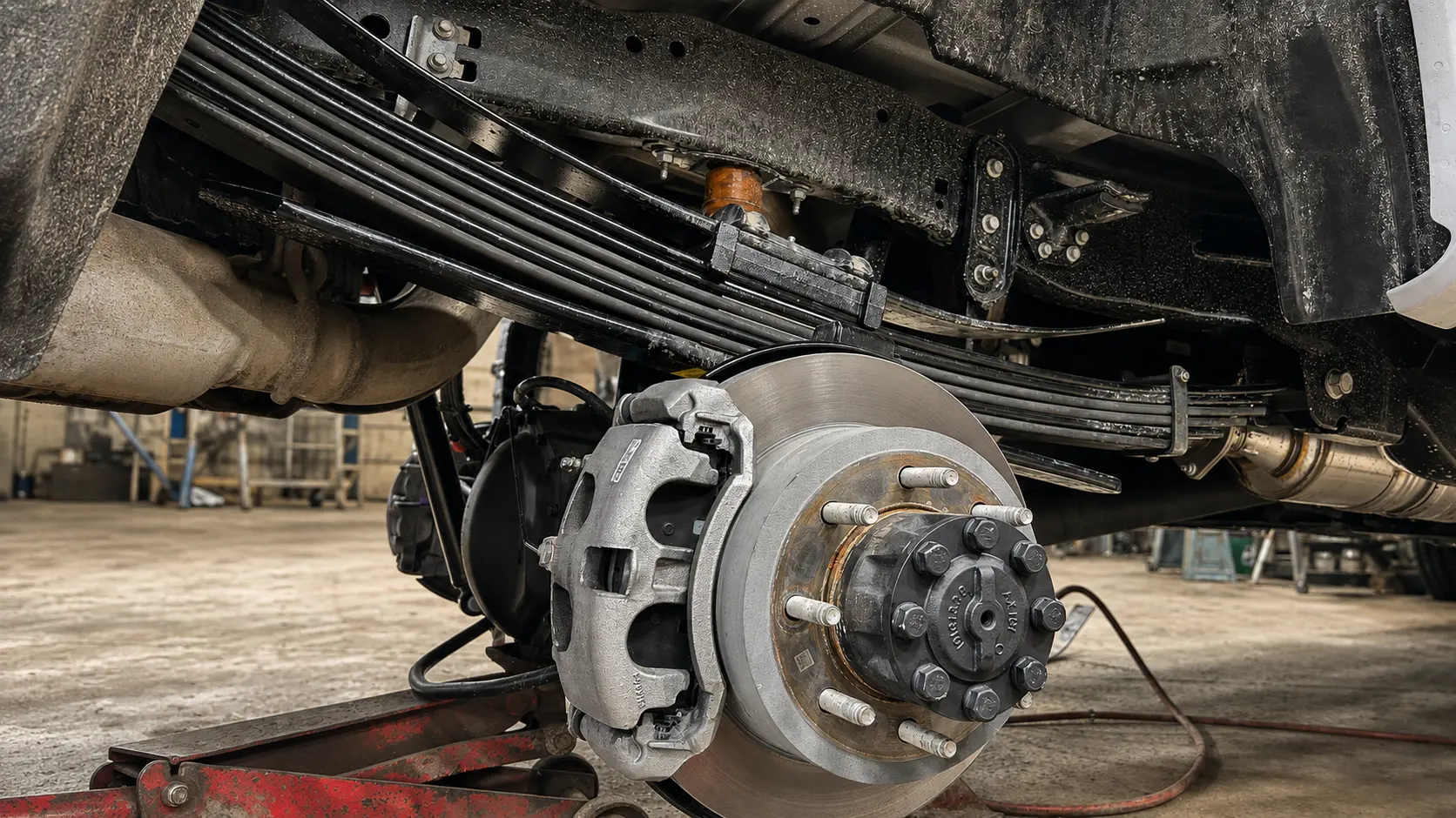New leaf spring pack and wheel end installed on a working Ford truck
