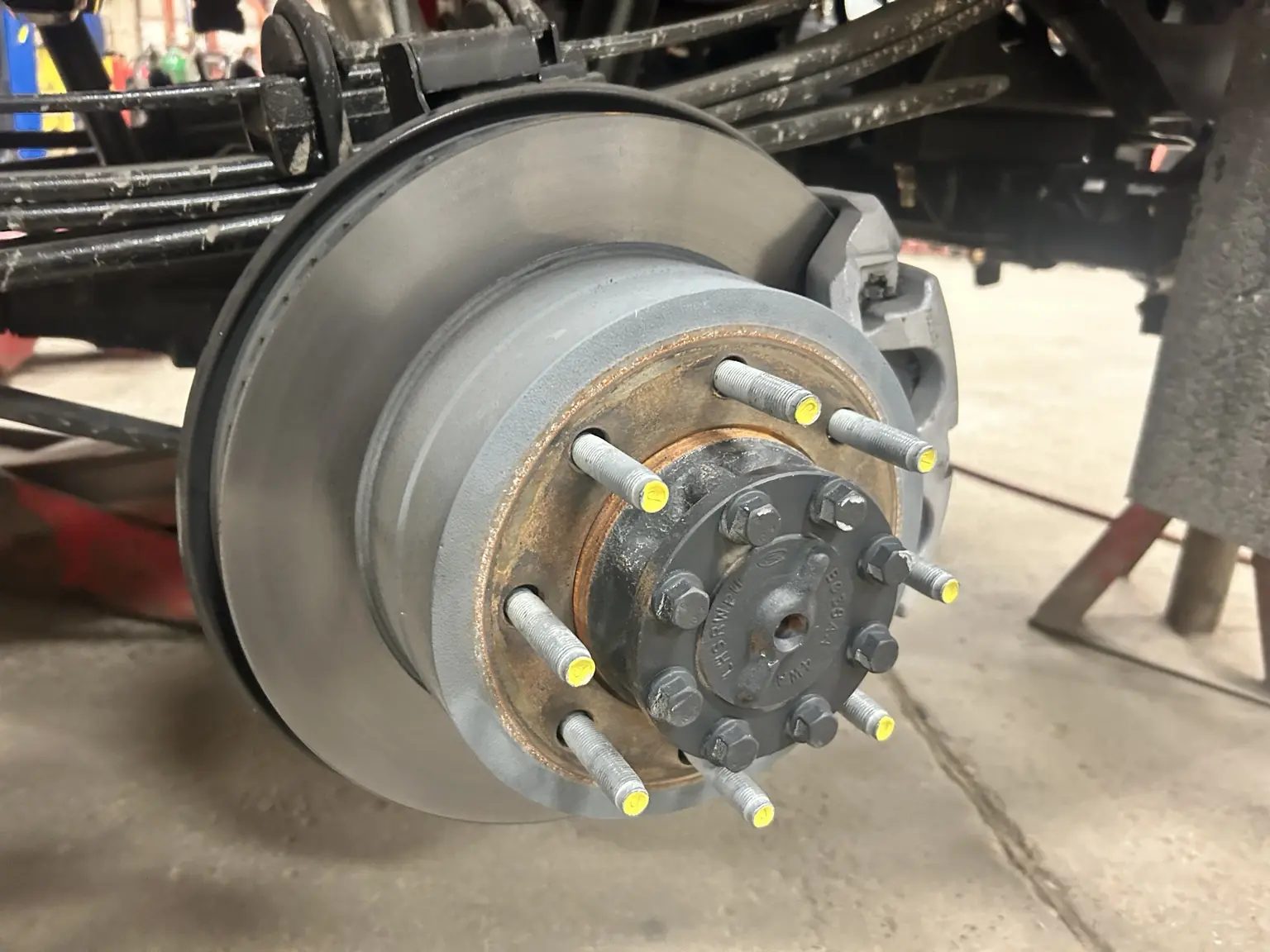 Wheel hub, brake rotor and leaf spring suspension during service at Standard Spring