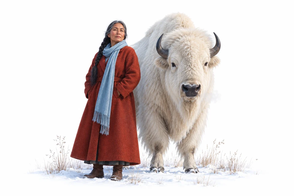 Winter illustration of a woman beside a white buffalo in the snow.